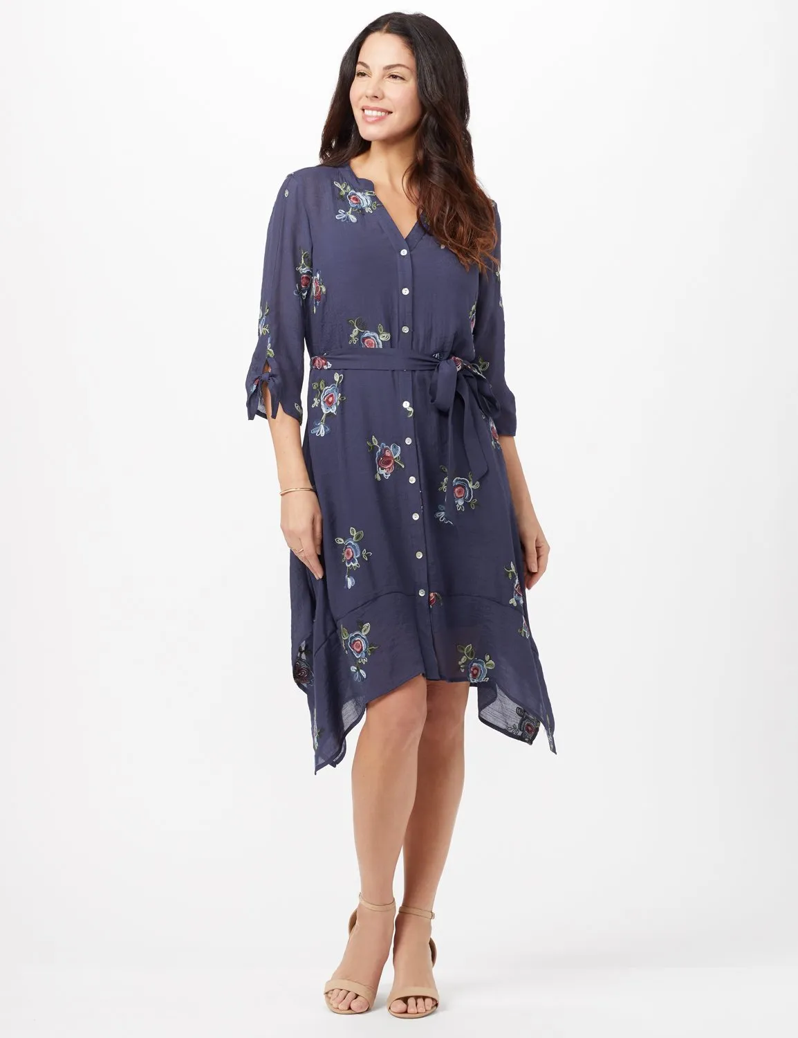Tie Sleeve Embroidered Texture Shirt Dress