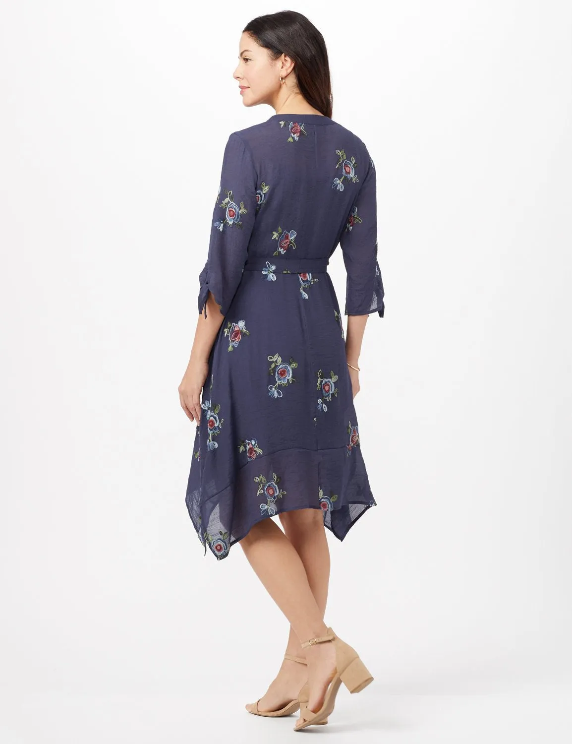 Tie Sleeve Embroidered Texture Shirt Dress