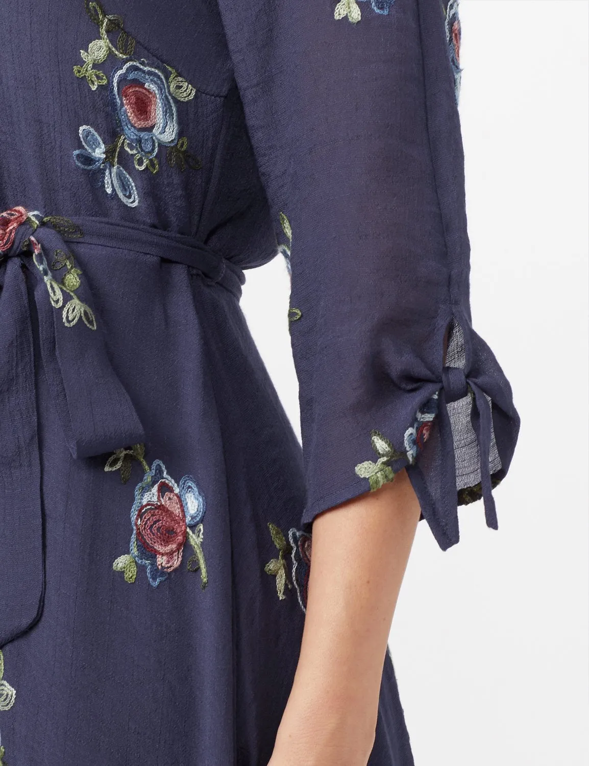Tie Sleeve Embroidered Texture Shirt Dress