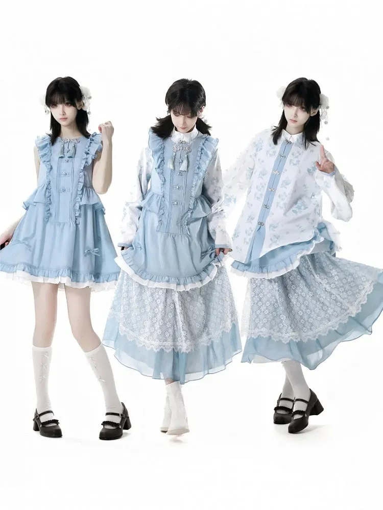 White Floral Pattern Banded Collar Knot Buttons Style Rococo Blue Cheongsam Blouse