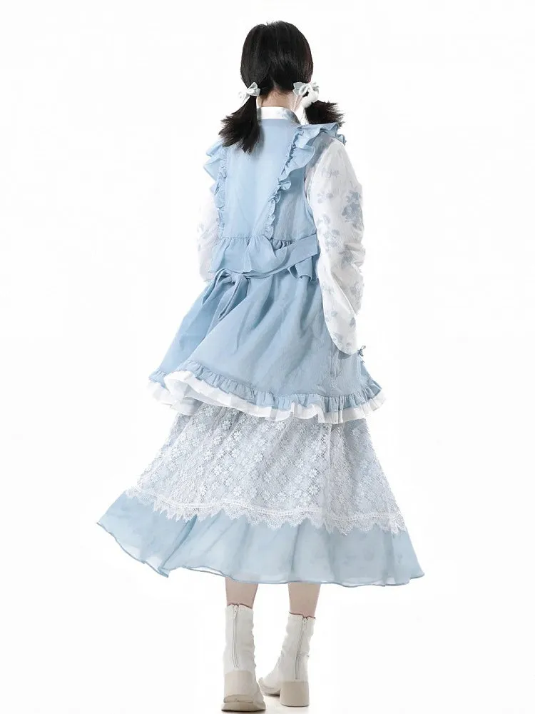 White Floral Pattern Banded Collar Knot Buttons Style Rococo Blue Cheongsam Blouse