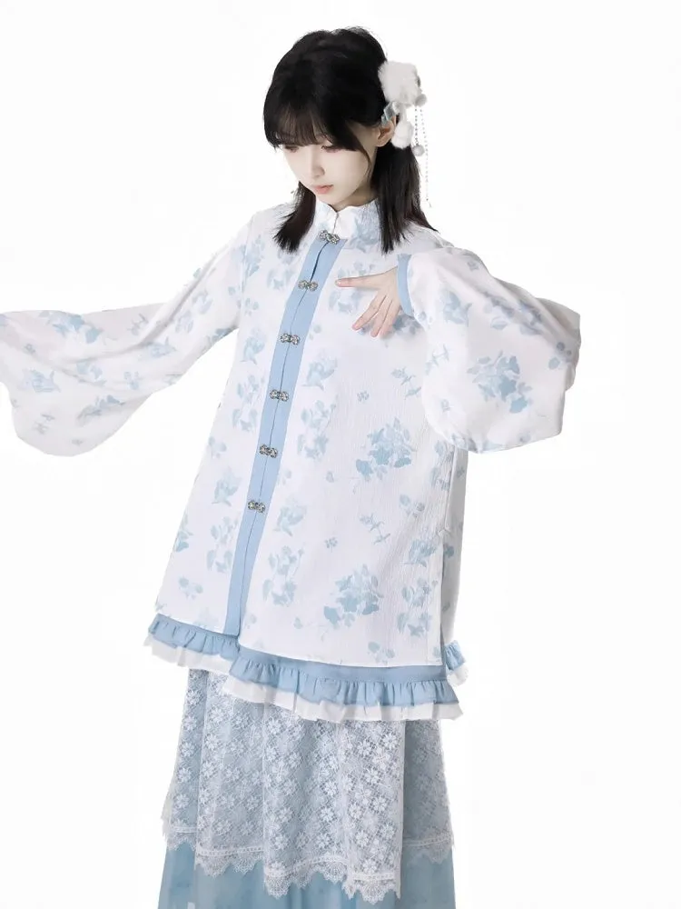 White Floral Pattern Banded Collar Knot Buttons Style Rococo Blue Cheongsam Blouse