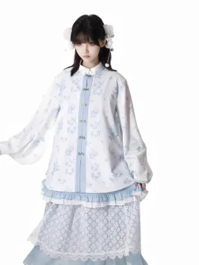 White Floral Pattern Banded Collar Knot Buttons Style Rococo Blue Cheongsam Blouse