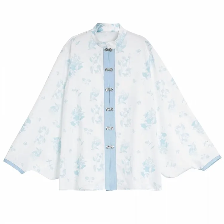 White Floral Pattern Banded Collar Knot Buttons Style Rococo Blue Cheongsam Blouse