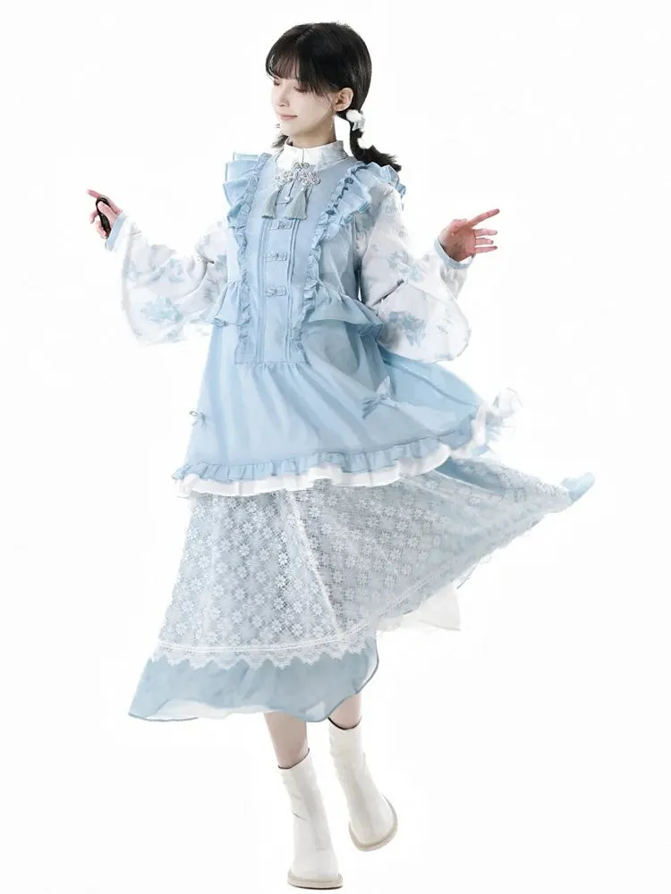 White Floral Pattern Banded Collar Knot Buttons Style Rococo Blue Cheongsam Blouse