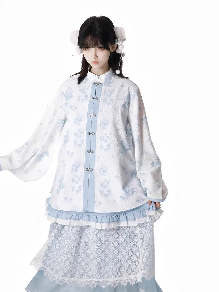 White Floral Pattern Banded Collar Knot Buttons Style Rococo Blue Cheongsam Blouse