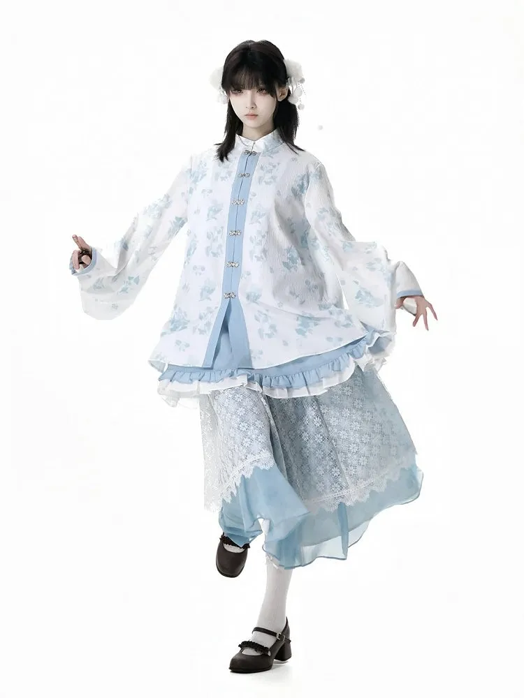 White Floral Pattern Banded Collar Knot Buttons Style Rococo Blue Cheongsam Blouse