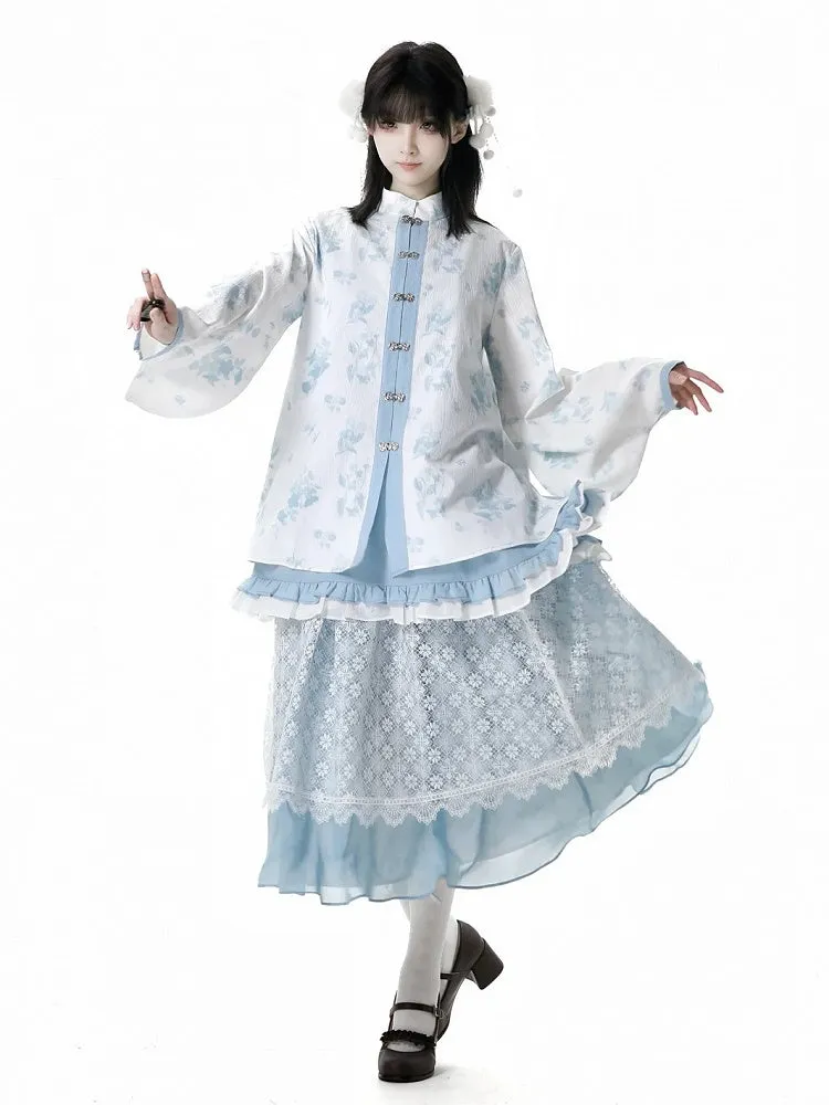 White Floral Pattern Banded Collar Knot Buttons Style Rococo Blue Cheongsam Blouse